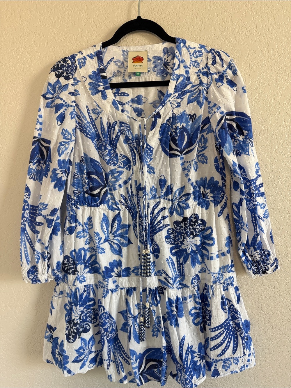 FARM RIO Bead-Embellished Printed Swiss-Dot Cotton Mini Dress. Size XS - Picture 2 of 12